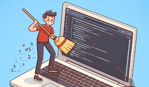 Developer cleaning code with a broom.